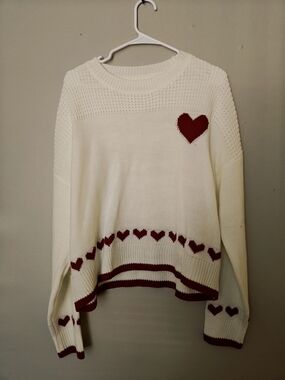 SHEIN Cream Sweater with Red Heart Accents